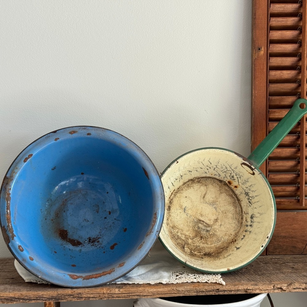 Vintage Enamelware Set Blue Mixing Bowl and Cream Green Saucepan Rustic Decor